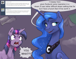 Size: 1280x989 | Tagged: safe, artist:silfoe, princess luna, twilight sparkle, alicorn, pony, unicorn, moonsetmlp, g4, angry, dialogue, female, mare, sitting, speech bubble