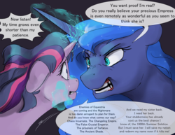 Size: 1280x989 | Tagged: safe, artist:silfoe, princess luna, twilight sparkle, alicorn, pony, unicorn, moonsetmlp, g4, alternate timeline, alternate universe, angry, crying, dialogue, female, implied chrysalis, implied discord, implied king sombra, implied lord tirek, implied pony of shadows, looking at each other, mare, speech bubble, tumblr