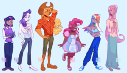 Size: 1024x591 | Tagged: safe, artist:toytlebox, applejack, fluttershy, pinkie pie, rainbow dash, rarity, twilight sparkle, human, g4, asexuality, blue background, book, clothes, converse, diversity, glasses, height difference, high heels, humanized, mane six, shoes, signature, simple background, sneakers