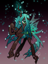 Size: 1020x1360 | Tagged: safe, artist:hiyo1, queen chrysalis, changeling, changeling queen, g4, crown, female, gradient background, jewelry, lidded eyes, looking at you, regalia, smiling, solo