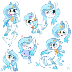 Size: 800x800 | Tagged: safe, artist:ipun, oc, oc only, original species, shark pony, bell, bell collar, blushing, bubble, collar, deviantart watermark, female, filly, heterochromia, obtrusive watermark, plushie, simple background, solo, watermark, white background