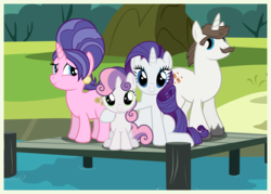 Size: 7000x5000 | Tagged: safe, artist:dashiesparkle, artist:mundschenk85, cookie crumbles, hondo flanks, rarity, sweetie belle, pony, g4, absurd resolution, family, father and daughter, female, like father like daughter, like mother like daughter, like parent like child, male, mother and daughter, pier, rarity's parents, show accurate, siblings, sisters, sitting, vector