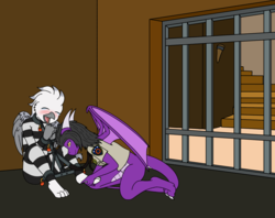 Size: 1200x950 | Tagged: safe, artist:linedraweer, oc, oc only, oc:gina, oc:iris, dragon, griffon, anthro, anthro oc, bdsm, bondage, cell, clothes, commission, cuffs, dragon oc, dungeon, female, griffon oc, handcuffed, hogtied, police uniform, prison, prison outfit, restrained, restraints, sheriff, stairs, tickle torture, tickling, tied up, wings