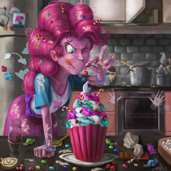 Size: 2000x2000 | Tagged: safe, alternate version, artist:dehon, artist:erlanderson, pinkie pie, equestria girls, g4, candy, cherry, collaboration, cupcake, female, food, high res, kitchen, messy, one eye closed, solo, sweets, tongue out