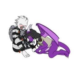 Size: 1200x950 | Tagged: safe, artist:linedraweer, oc, oc only, oc:gina, oc:iris, dragon, griffon, anthro, anthro oc, bdsm, bondage, clothes, commission, cuffs, dragon oc, female, griffon oc, handcuffed, hogtied, police uniform, prison outfit, restrained, restraints, sheriff, simple background, tickle torture, tickling, tied up, transparent background, vector, wings
