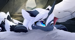 Size: 2741x1489 | Tagged: safe, artist:magnaluna, princess luna, oc, oc:zefiroth, alicorn, dragon, pony, g4, alternate design, alternate hairstyle, alternate universe, canon x oc, cheek fluff, ear fluff, female, licking, male, mare, one eye closed, shipping, smiling, straight, tongue out