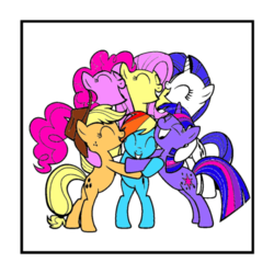 Size: 540x540 | Tagged: safe, artist:ellaineplayz, applejack, fluttershy, pinkie pie, rainbow dash, rarity, twilight sparkle, earth pony, pegasus, pony, unicorn, g4, eyes closed, female, group hug, hug, mane six, mare, simple background, smiling, traditional art, unicorn twilight, white background