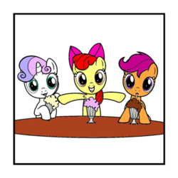 Size: 540x540 | Tagged: safe, artist:ellaineplayz, apple bloom, scootaloo, sweetie belle, earth pony, pegasus, pony, unicorn, g4, one bad apple, cutie mark crusaders, female, filly, food, ice cream, looking at you, traditional art