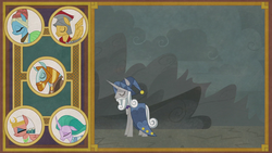 Size: 1280x720 | Tagged: safe, screencap, flash magnus, meadowbrook, mistmane, rockhoof, somnambula, star swirl the bearded, earth pony, pegasus, pony, unicorn, g4, shadow play, female, male, mare, pillars of equestria, stallion, storybook