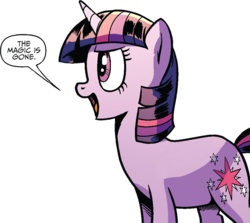 Size: 1019x910 | Tagged: safe, artist:pencils, edit, edited edit, idw, official comic, twilight sparkle, pony, unicorn, g4, spoiler:comic, spoiler:comic69, background removed, female, mare, meme, reaction image, simple background, solo, speech bubble, the magic is gone, transparent background, unicorn twilight, wingless, wingless edit