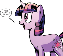 Size: 1019x910 | Tagged: safe, artist:pencils, edit, edited edit, idw, official comic, twilight sparkle, pony, unicorn, friendship is magic #69, g4, spoiler:comic, background removed, female, mare, meme, reaction image, simple background, solo, speech bubble, the magic is gone, transparent background, unicorn twilight, wingless, wingless edit