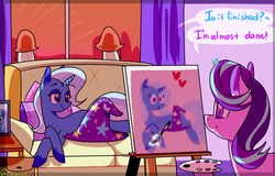 Size: 1280x821 | Tagged: safe, artist:1racat, starlight glimmer, trixie, pony, unicorn, canvas, clothes, couch, dialogue, draw me like one of your french girls, female, hat, lesbian, lying down, painting, shipping, smiling, startrix, trixie's hat
