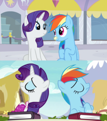 Size: 1920x2160 | Tagged: safe, edit, edited screencap, screencap, rainbow dash, rarity, pegasus, pony, unicorn, g4, rarity investigates, the end in friend, book, boots, clothes, comparison, duo, glitter boots, shoes, sunscreen