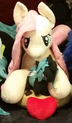 Size: 408x697 | Tagged: safe, artist:blackwater627, artist:top plush, fluttershy, queen chrysalis, alicorn, changeling, pegasus, pony, g4, angry, chibi, ear piercing, earring, female, heart, irl, jewelry, necklace, photo, piercing, pillow, plushie