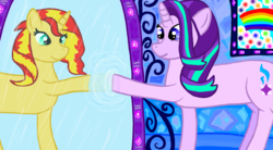 Size: 1818x1000 | Tagged: safe, artist:php185, starlight glimmer, sunset shimmer, pony, g4, cute, duo, magic mirror, mirror, mirror portal, portal, rainbow, smiling