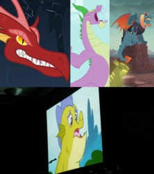 Size: 1920x2160 | Tagged: safe, edit, edited screencap, screencap, basil, dragon lord torch, princess ember, rex, sludge (g4), spike, dragon, dragonshy, father knows beast, g4, gauntlet of fire, secret of my excess, comic con, comparison, male, op is a duck, op is trying to start shit, open mouth, san diego comic con, spikezilla