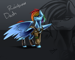 Size: 2000x1600 | Tagged: safe, artist:bakud, rainbow dash, pegasus, pony, g4, clothes, female, goggles, jacket, looking up, mare, solo, text, zoom layer