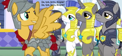 Size: 1008x462 | Tagged: safe, edit, edited screencap, editor:korora, screencap, flash magnus, pegasus, pony, unicorn, a rockhoof and a hard place, g4, armor, cadence count, canterlot, cropped, male, misspelling, old english, royal guard, stallion, text