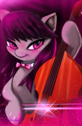 Size: 2940x4480 | Tagged: safe, alternate version, artist:darksly, octavia melody, earth pony, pony, g4, beautiful, bow (instrument), cello, female, hoof hold, mare, musical instrument, necktie, pretty, purple eyes, smiling, solo, sparkles