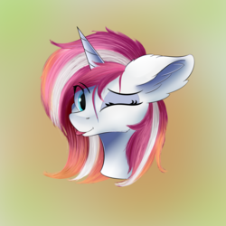 Size: 1250x1250 | Tagged: safe, artist:lunar froxy, oc, oc only, oc:aether wake, pony, unicorn, commission, eye clipping through hair, female, mare, one eye closed, simple background, solo, wink