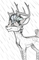 Size: 510x793 | Tagged: safe, artist:sirzi, oc, oc only, oc:stemlet mind, deer, original species, vitrung, alternate spotsign, antlers, deer oc, rain, sketch, smiling, spotsign, wet mane