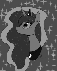 Size: 1200x1500 | Tagged: safe, artist:casualcolt, princess luna, pony, g4, bust, female, looking up, monochrome, solo