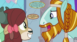 Size: 968x528 | Tagged: safe, edit, edited screencap, editor:korora, screencap, rockhoof, yona, earth pony, pony, yak, a rockhoof and a hard place, g4, beard, braid, cropped, doctor who, duo, facial hair, female, implied dalek, implied derpy, implied doctor whooves, male, moustache, speech bubble, stallion, text, that pony sure does love storytelling