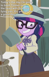 Size: 443x696 | Tagged: safe, edit, edited screencap, editor:grapefruitface, screencap, sci-twi, twilight sparkle, equestria girls, equestria girls series, g4, opening night, abuse, clothes, costume, female, frying pan, implied murder, psychopath, skirt, sociopath, solo, timberbuse, violence