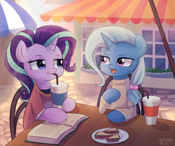 Size: 1800x1500 | Tagged: safe, artist:tcn1205, starlight glimmer, trixie, pony, unicorn, g4, bauble, bendy straw, book, clothes, cute, diatrixes, drink, drinking straw, duo, female, food, glimmerbetes, hair tie, horn, looking at each other, mare, open mouth, outdoors, plate, sandwich, shirt, sipping, sitting, smiling, straw, sweater, undershirt