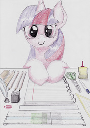Size: 1641x2320 | Tagged: safe, artist:mandumustbasukanemen, twilight sparkle, pony, unicorn, g4, atg 2018, cute, female, glue, inkwell, mare, newbie artist training grounds, paper, pencil, pencil drawing, quill, ruler, school, scissors, smiling, solo, traditional art