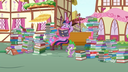 Size: 1920x1080 | Tagged: safe, screencap, spike, twilight sparkle, alicorn, dragon, pony, g4, yakity-sax, book, discovery family logo, duo, female, flower, glowing horn, hooves behind head, horn, levitation, magic, magic aura, male, mare, park bench, ponyville, sitting, telekinesis, twilight sparkle (alicorn), winged spike, wings