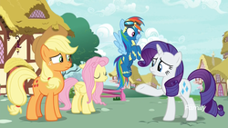 Size: 1920x1080 | Tagged: safe, screencap, applejack, fluttershy, rainbow dash, rarity, earth pony, pegasus, pony, unicorn, g4, yakity-sax, clothes, discovery family logo, eyes closed, female, flying, gesture, goggles, mare, messy mane, ponyville, sleeping, uniform, wonderbolts uniform