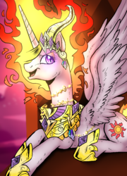 Size: 769x1071 | Tagged: safe, artist:sunmoon14, nightmare star, alicorn, pony, g4, hoof shoes, mane of fire, solo