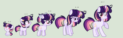 Size: 3564x1132 | Tagged: dead source, safe, artist:moon-rose-rosie, oc, oc only, oc:celestial moon, pony, unicorn, age progression, baby, baby pony, female, filly, magical lesbian spawn, mare, offspring, outline, parent:rainbow dash, parent:twilight sparkle, parents:twidash, simple background, solo, teenager