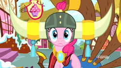 Size: 1920x1080 | Tagged: safe, screencap, pinkie pie, earth pony, pony, g4, yakity-sax, cloak, clothes, discovery family logo, female, frown, helmet, honorary yak horns, horned helmet, jewelry, looking at you, mare, necklace, ponyville, sad, staring into your soul, sugarcube corner, viking helmet, wide eyes, yovidaphone