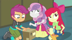 Size: 720x404 | Tagged: safe, screencap, apple bloom, applejack, cranky doodle donkey, scootaloo, sweetie belle, equestria girls, g4, happily ever after party, happily ever after party: applejack, my little pony equestria girls: better together, animated, apple bloom's bow, ass, boots, bow, box, butt, clothes, cutie mark crusaders, female, flashlight (object), geode of super strength, hair bow, jeans, lip bite, male, pants, projector, shoes, sitting, skirt, stealing, tape