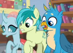 Size: 1245x903 | Tagged: safe, screencap, gallus, ocellus, sandbar, changedling, changeling, earth pony, griffon, pony, a rockhoof and a hard place, g4, female, looking down, male, nickelodeon, shocked, trio