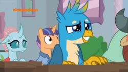 Size: 1918x1078 | Tagged: safe, screencap, fine catch, gallus, ocellus, yona, changedling, changeling, griffon, pony, a rockhoof and a hard place, g4, background pony, cute, female, friendship student, gallabetes, griffon teeth, grin, male, nervous, nervous smile, nickelodeon, smiling