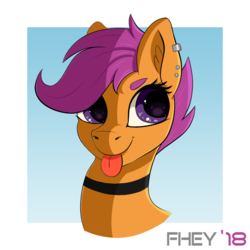 Size: 800x800 | Tagged: safe, artist:chrisfhey, scootaloo, pegasus, pony, g4, :p, choker, ear fluff, ear piercing, earring, female, jewelry, mare, piercing, purple eyes, purple mane, signature, silly, simple background, solo, tongue out