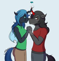 Size: 1024x1071 | Tagged: safe, artist:sketchychangeling, king sombra, queen chrysalis, anthro, g4, female, male, ship:chrysombra, shipping, straight, tail, tail hole