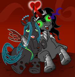 Size: 2480x2546 | Tagged: safe, artist:ghostly666, king sombra, queen chrysalis, changeling, pony, unicorn, g4, anatomically incorrect, female, heart, high res, incorrect leg anatomy, male, ship:chrysombra, shipping, sombra eyes, straight