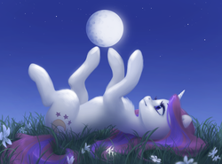 Size: 3173x2353 | Tagged: safe, artist:katputze, moondancer, pony, unicorn, g4, beautiful, chest fluff, female, flower, full moon, grass, grass field, high res, horn, looking at something, looking up, mare, moon, night, night sky, on back, outdoors, profile, sky, smiling, solo, stars