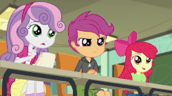 Size: 720x404 | Tagged: safe, screencap, apple bloom, scootaloo, sweetie belle, equestria girls, g4, happily ever after party, happily ever after party: rarity, my little pony equestria girls: better together, adorabloom, animated, apple bloom's bow, bow, cute, cutealoo, cutie mark crusaders, diasweetes, excited, female, fist, gif, hair bow, note, smiling, trio, trio female