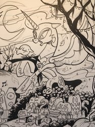 Size: 1536x2048 | Tagged: safe, artist:andypriceart, nightmare moon, pony, g4, cake, candy bag, food, halloween, holiday, jack skellington, jack-o-lantern, ponified, pumpkin, the nightmare before christmas, traditional art, wip