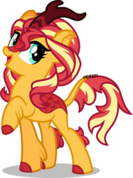 Size: 5000x6675 | Tagged: safe, artist:orin331, sunset shimmer, kirin, g4, season 8, sounds of silence, absurd resolution, cloven hooves, colored hooves, cute, female, kirin sunset, kirin-ified, open mouth, quadrupedal, raised hoof, simple background, solo, species swap, transparent background