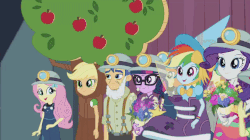 Size: 720x404 | Tagged: safe, screencap, apple bloom, applejack, bulk biceps, flash sentry, fluttershy, golden hazel, rainbow dash, rarity, sci-twi, scootaloo, sweetie belle, twilight sparkle, equestria girls, equestria girls series, g4, happily ever after party, animated, apple tree, bouquet, clothes, coal, costume, cutie mark crusaders, dress, fairy bootmother, female, helmet, male, miner, mining helmet, tree, tree costume, wand
