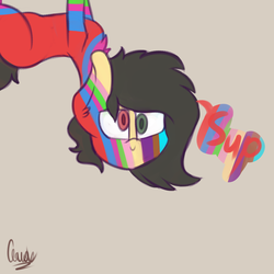 Size: 3000x3000 | Tagged: safe, artist:claudearts, oc, oc only, oc:eyesore, pony, eyestrain warning, heterochromia, high res, multicolored, signature, solo, speech bubble, upside down, wat