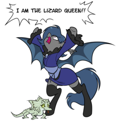 Size: 1196x1238 | Tagged: safe, artist:egophiliac, oc, oc only, oc:river rhythm, bat pony, frill-necked lizard, lizard, pony, reptile, clothes, dialogue, female, hairband, i am the lizard queen, kimono (clothing), mare, no source, screaming, silly, simple background, socks, solo, thigh highs, transparent background