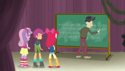 Size: 718x404 | Tagged: safe, screencap, apple bloom, cranky doodle donkey, scootaloo, sweetie belle, equestria girls, equestria girls series, g4, happily ever after party, animated, ass, boots, butt, chalkboard, clothes, cutie mark crusaders, happily ever after party: rainbow dash, jeans, math, pants, shoes, skirt