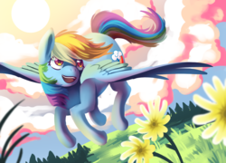 Size: 1293x932 | Tagged: safe, artist:rottingichor, rainbow dash, pegasus, pony, g4, cloud, female, flower, flying, grass, mare, open mouth, sky, solo, tree